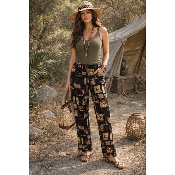 Chico's Pants - Chicos Travelers Pants Size 1 8 Medium Black Tribal African Safari Print Pull-On